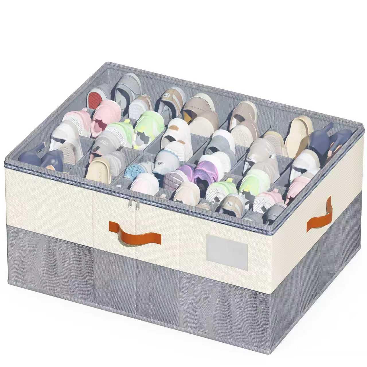 KETYWHA Shoe Organizer for Closet, XXL 1 Pack Foldable Shoe Storage Containers with Clear Cover, Shoe Box Organizers Bins with Adjustable Dividers 4Handles,Shoe Storage Fits 12-24 Pairs-Beige & Grey
