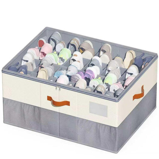KETYWHA Shoe Organizer for Closet, XXL 1 Pack Foldable Shoe Storage Containers with Clear Cover, Shoe Box Organizers Bins with Adjustable Dividers 4Handles,Shoe Storage Fits 12-24 Pairs-Beige & Grey