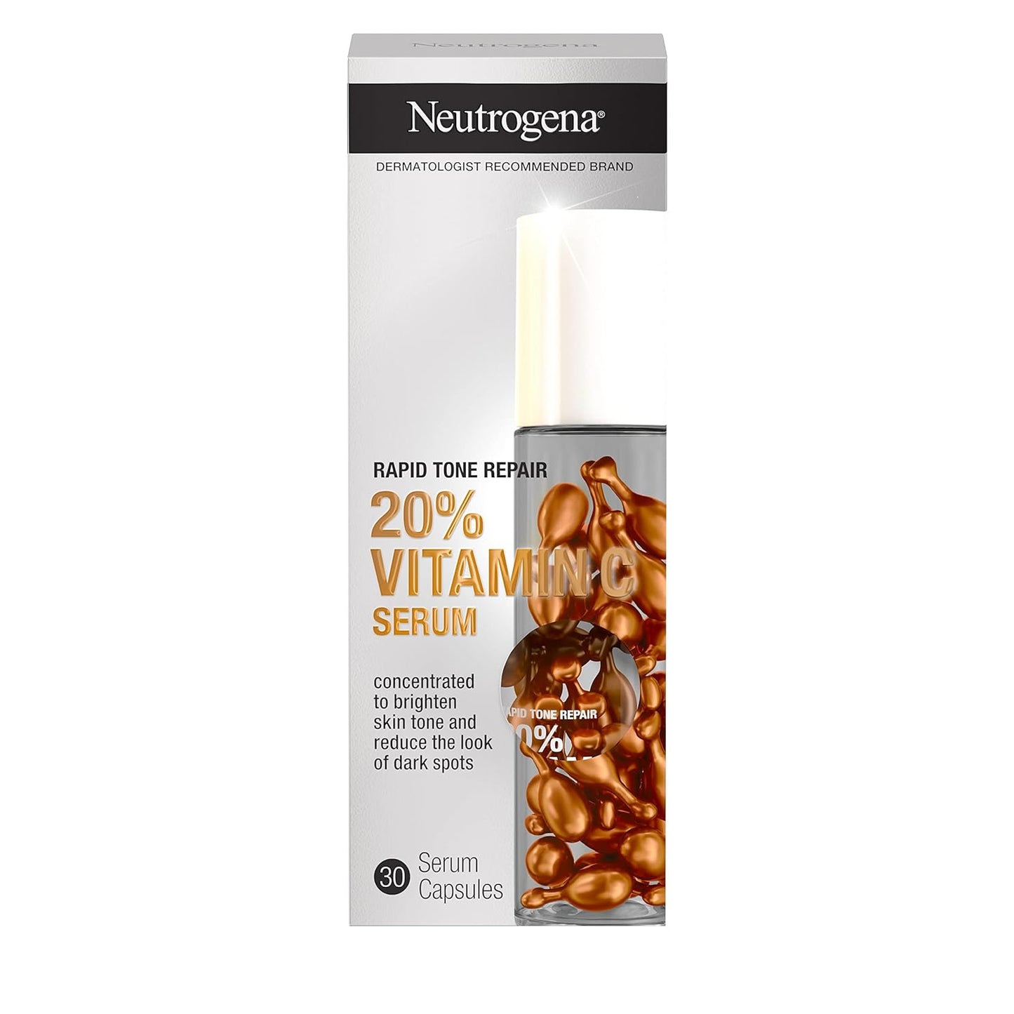 Neutrogena Rapid Tone Repair | 20% Vitamin C Brightening Serum Capsules - Oil-Free Antioxidant for Dark Spots & Even Skin Tone, 30 Count