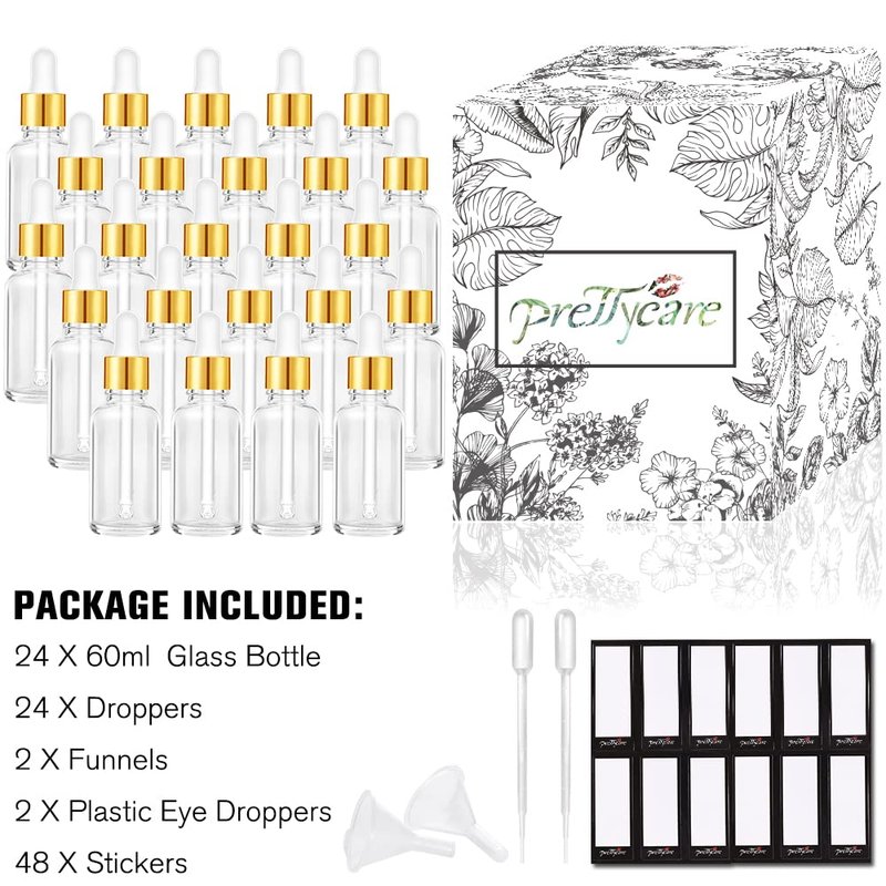 PrettyCare Glass Eye Dropper Bottle 2oz (60ml), 24 Pcs Clear Empty Thick Bottles Bulk with Leakproof Golden Caps - With Labels & Funnels for for Storage, Travel,Essential Oils, DIY Serums, Tincture