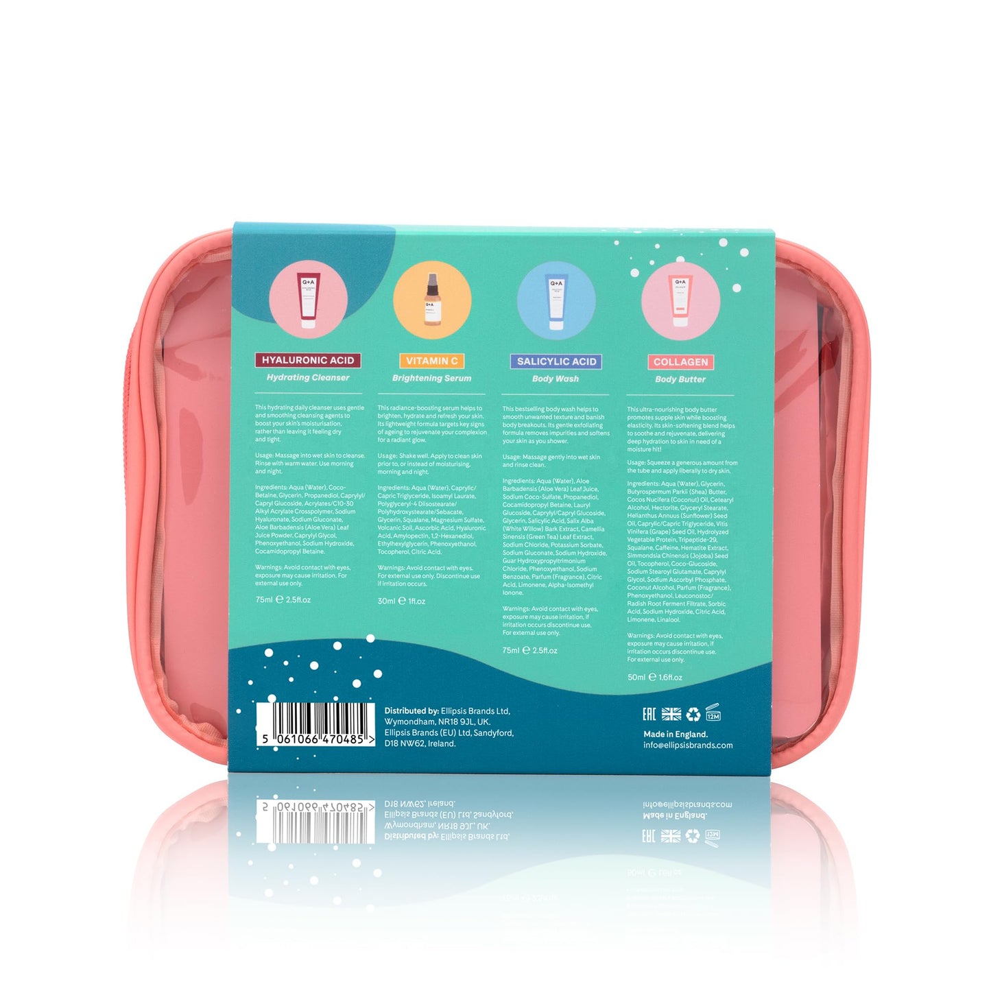 Q+A Travel Treats Gift Set, 4-Piece Skincare & Bodycare Minis with Travel Bag, Hydrating Fcaial Cleanser (75ml), Vitamin C Serum (30ml), Salicylic Acid Body Wash (75ml) & Collagen Body Butter (50ml)