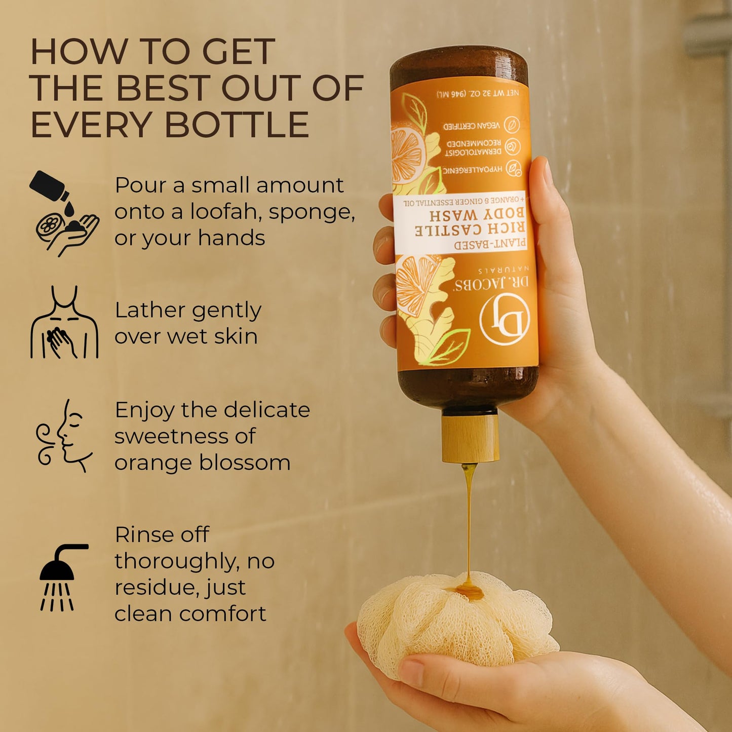 Dr. Jacobs Naturals Pure Castile Soap Liquid Body Wash, Orange & Ginger - Plant Based Soap Infused with Vitamin E & Aloe Vera to Moisturize Dry and Sensitive Skin - Made in The USA - 32 oz, Pack of 1