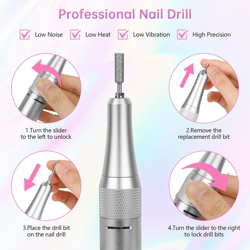Electric Nail Drill - 45000RPM Portable Rechargeable E-File Kit | Ultra-Silent with 11 Bits & LED Screen (Pink)