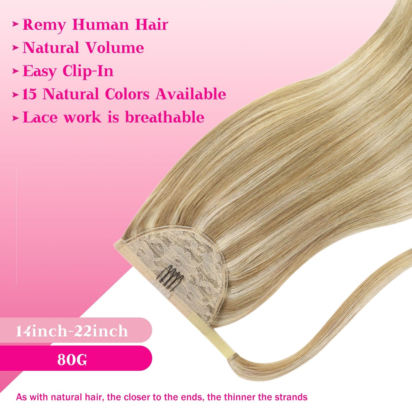 Ve Sunny Blonde Ponytail Extension Human Hair 80g Wrap Around Clip in Ponytail Hair Extensions Straight Dark Blonde Highlights Golden Blonde Remy Hair Extensions Real Human Hair for Women 14 Inch