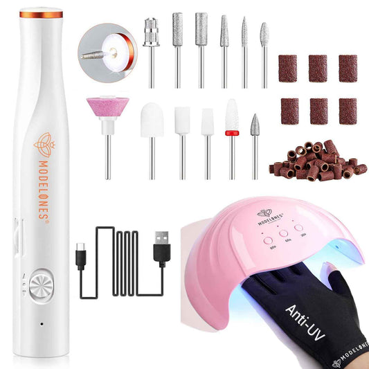 Modelones 48W Gel Nail Lamp & Cordless Nail Drill Set - UV Dryer with 3 Timer Settings & UPF99+ Protection Gloves for Professional Nail Art