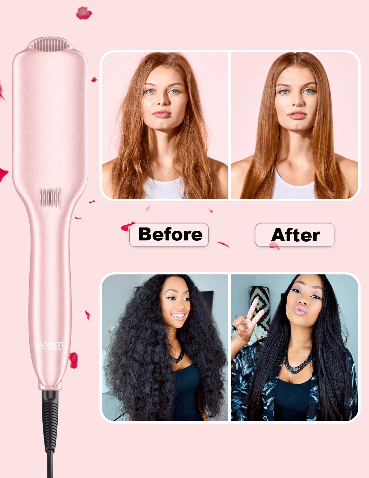 LANDOT Ionic Hair Straightener Brush – Ceramic Straightening Brush with 12 Heat Settings (250-450°F) for Smooth & Shiny Results, Ideal for Medium & Long Women Hair, Dual Voltage, Rose Gold