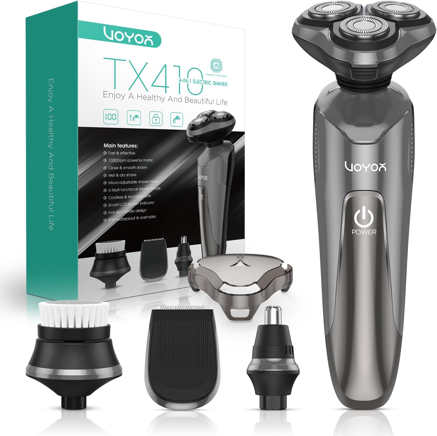 VOYOR Electric Razor for Men - Cordless Waterproof Shaver for Face, Sideburns & Nose Hair | Rechargeable, Grey