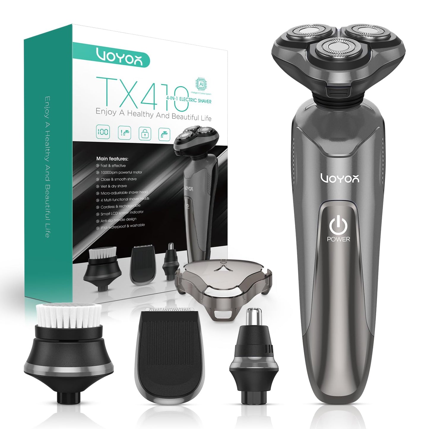 VOYOR Electric Razor for Men Cordless Shavers for Shaving with face sideburn Nose Ear Hair Rechargeable Wet Dry Waterproof TX410 New (New Version-Grey)