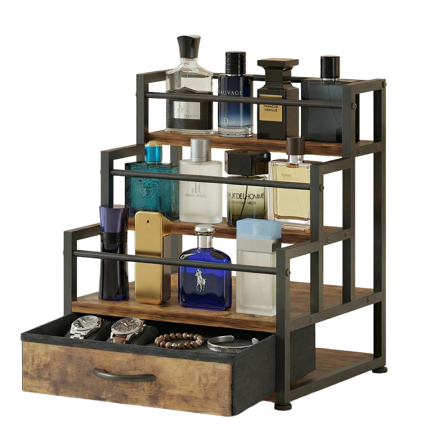 VonDream 3-Tier Cologne Stand with Fabric Drawer, Cologne Organizer for Men, Spacious Wine Rack,Coffee Syrup Stand for Kitchen, Bathroom & Bar Counter Décor