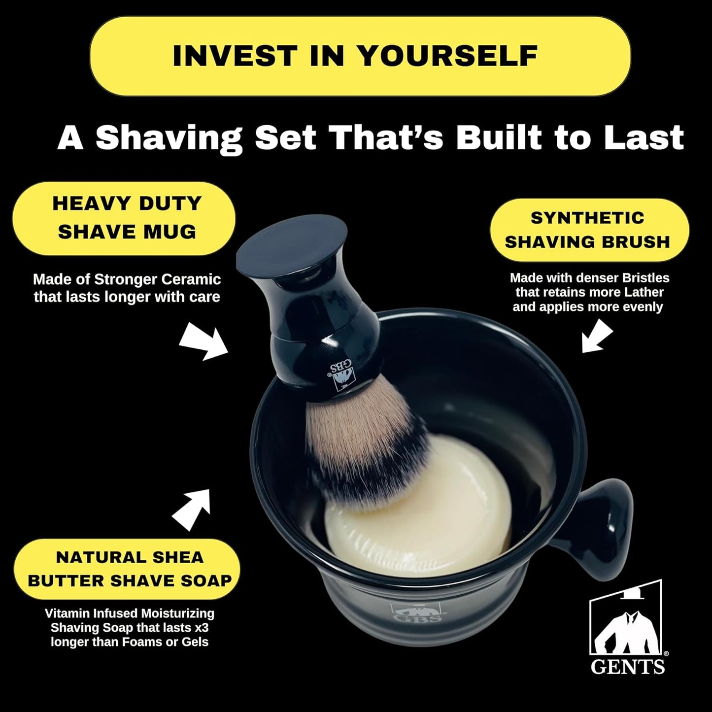 Men’s Wet Shaving Kit - Complete 4-Piece Set with Ceramic Bowl, Shave Brush & Shea Butter Soap | Black