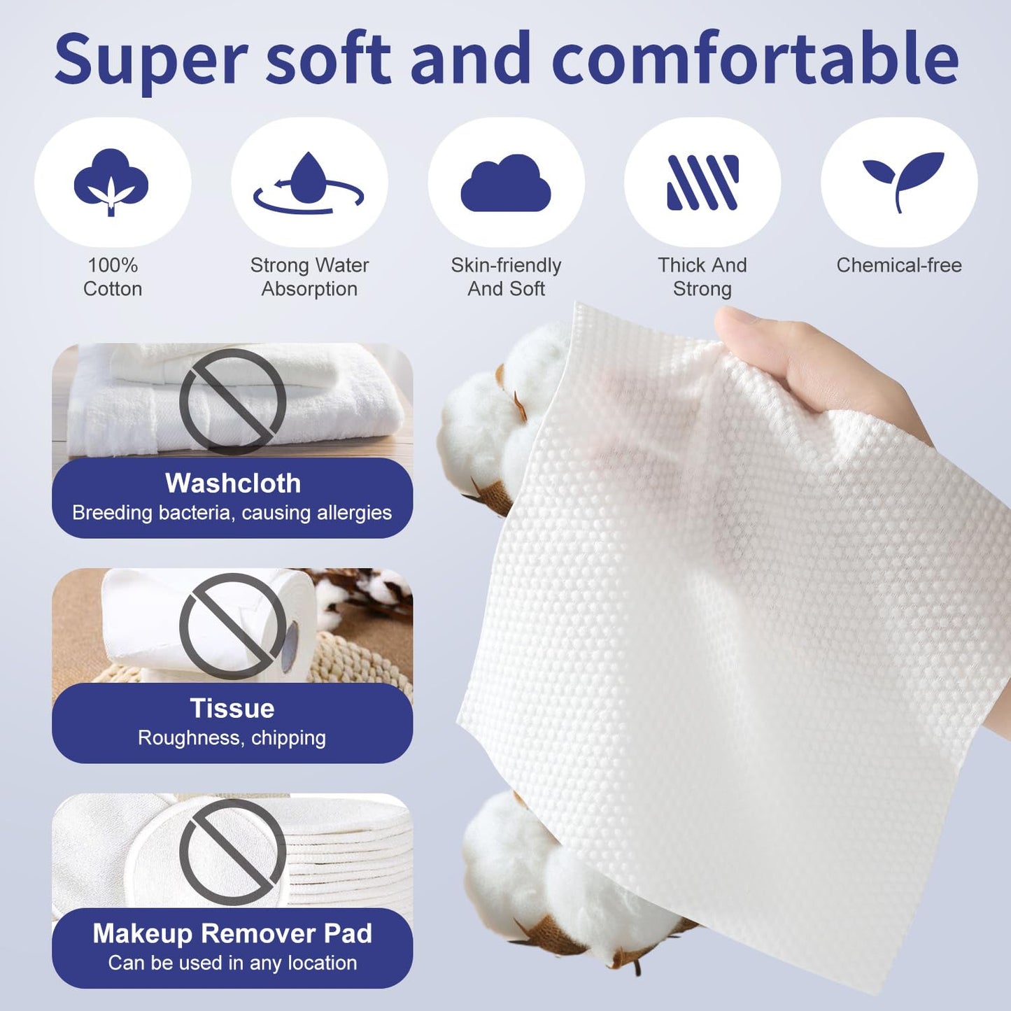 Soft Dry Wipe 6 Pack, 100% Cotton Face Tissues, Lint Free Facial Cleansing Towels, Extra Thick Dry and Wet Use for Cleansing,Sensitive Skin, Makeup Removing, Surface Cleaning