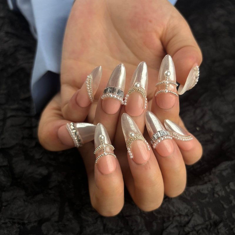 AKA Unicorn Trendy Handmade Press On French Nails Medium Almond Shape,10Pcs Thick Acrylic Fake Nails with 3D Pearl Cute Design Clip On Nail for Woman Gift (Design concept:French Tenderness)