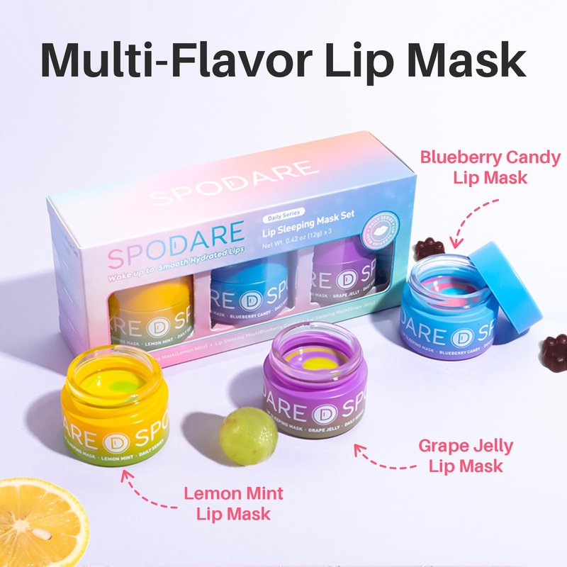 SPODARE 3-in-1 Dual-Color Sleeping Lip Mask Set – Blueberry, Grape & Lemon | Hydration & Repair for Dry Cracked Lips, Infused with Grape Seed Oil and Citrus Extracts for Rejuvenates Lips, 1.26 Fl Oz