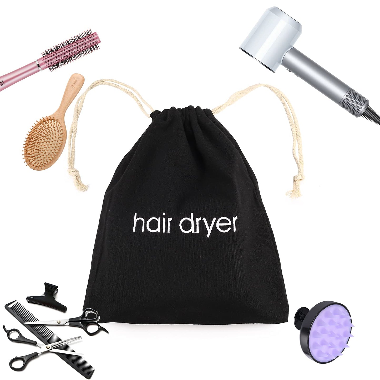 ERKXD 3 | 6 | 8 Pack Hair Dryer Bags Drawstring Bag Container Hairdryer Bag for travel bathroom (8 PCS, Black)