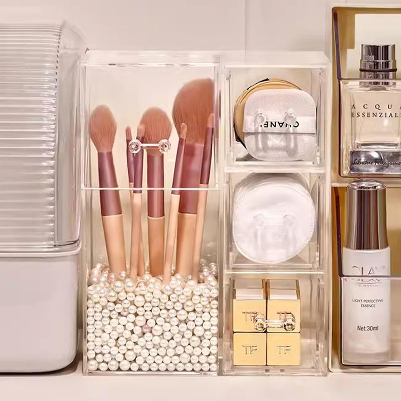 ShellKingdom Makeup Brush Holder,Clear Cosmetic Brushes Organizer With Drawer for Storage Brushes with Lid and Pearl for Dressing Tables and Vanity