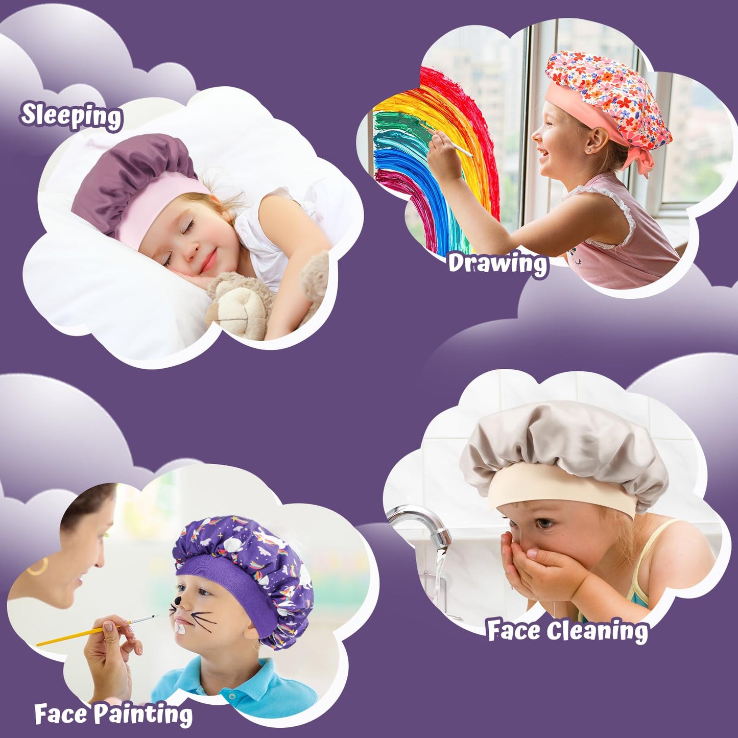 Lolalet 2 PCS Kids Bonnets for Girls, Reversible Silk Bonnet for Sleeping Satin Bonnet Cap with Wide Elastic Band -Violet & Champagne