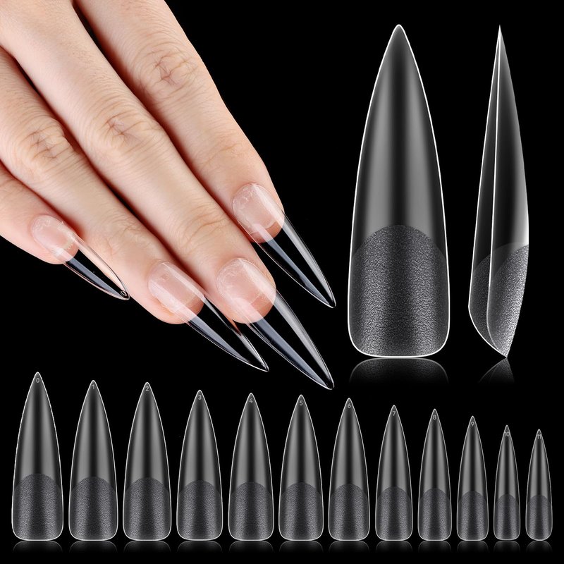INENK No C Curve XXL Stiletto Nail Tips, Half Matte Clear Half Cover, Stiletto Flat Tips for Acrylic Nails Art Design, Salons, Home DIY Nail Extension(12 Sizes 240PCS)