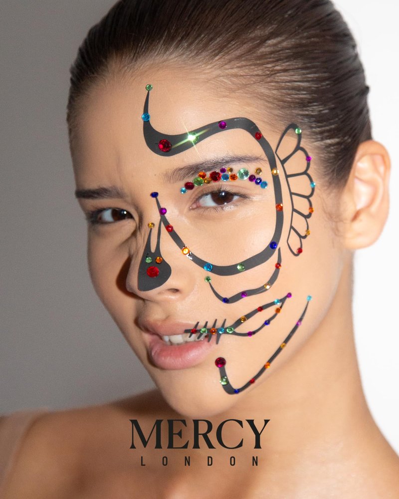 Day of the Dead Face Jewels by Mercy London Skeleton Costume Accessories Gems All In One Halloween Stick On Sticker