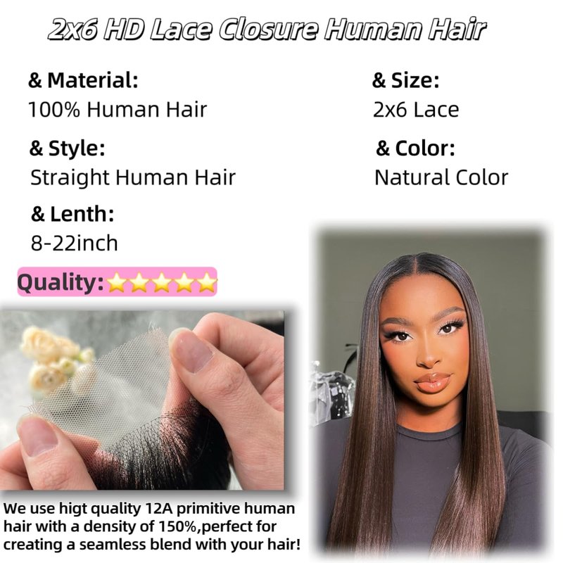 2x6 HD Lace Closure Straight Human Hair 18 Inch 2 by 6 HD Lace Closure 100% Brazilian Virgin Unprocessed Middle Part Human Hair Kim K Closure With Baby Hair Natural Color