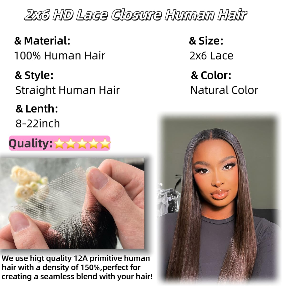 2x6 HD Lace Closure Straight Human Hair 16 Inch 2 by 6 HD Lace Closure 100% Brazilian Virgin Unprocessed Middle Part Human Hair Kim K Closure With Baby Hair Natural Color