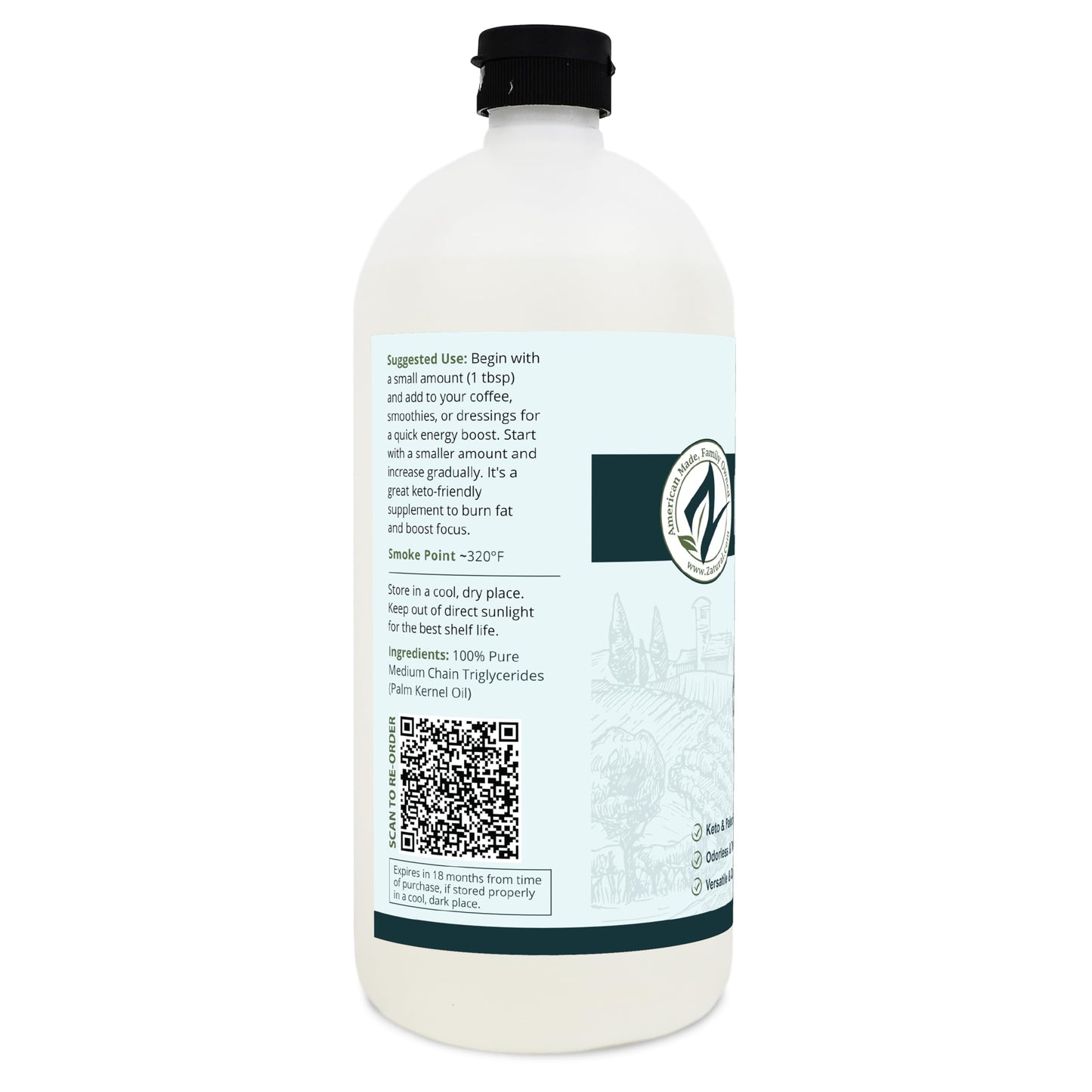Pure MCT Oil, Carrier, Massage, Hydrating for Hair, Food, and Therapeutic Grade, 32 Oz