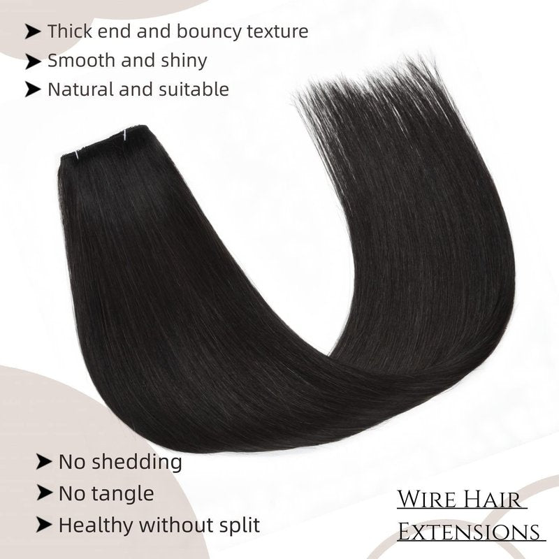 Invisible Fish Line Hair Extensions - 18 Inch Natural Black Human Hair Piece | 100g Lightweight Wire Extensions