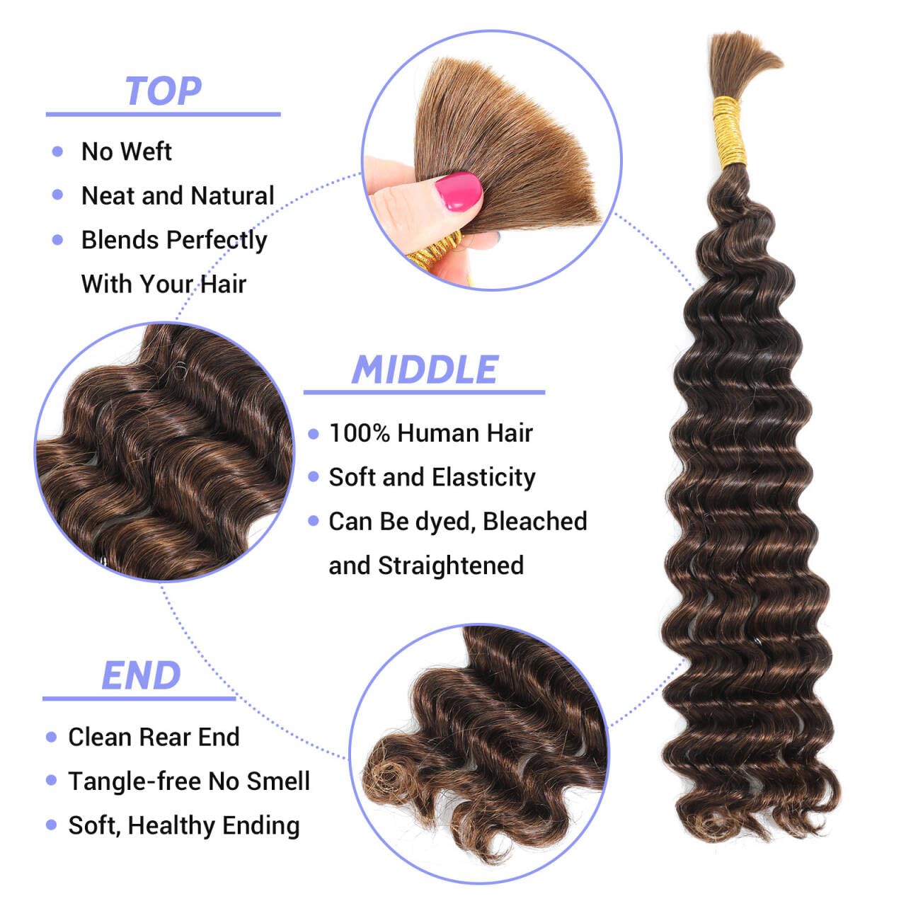 Human Braiding Hair, 18 Inch Deep Water Wave Bulk Human Hair for Braiding 12A No Weft 100% Brazilian Virgin Curly Human Hair for Boho Knotless Braids 1 Bundles/Pack 50g Natural Color