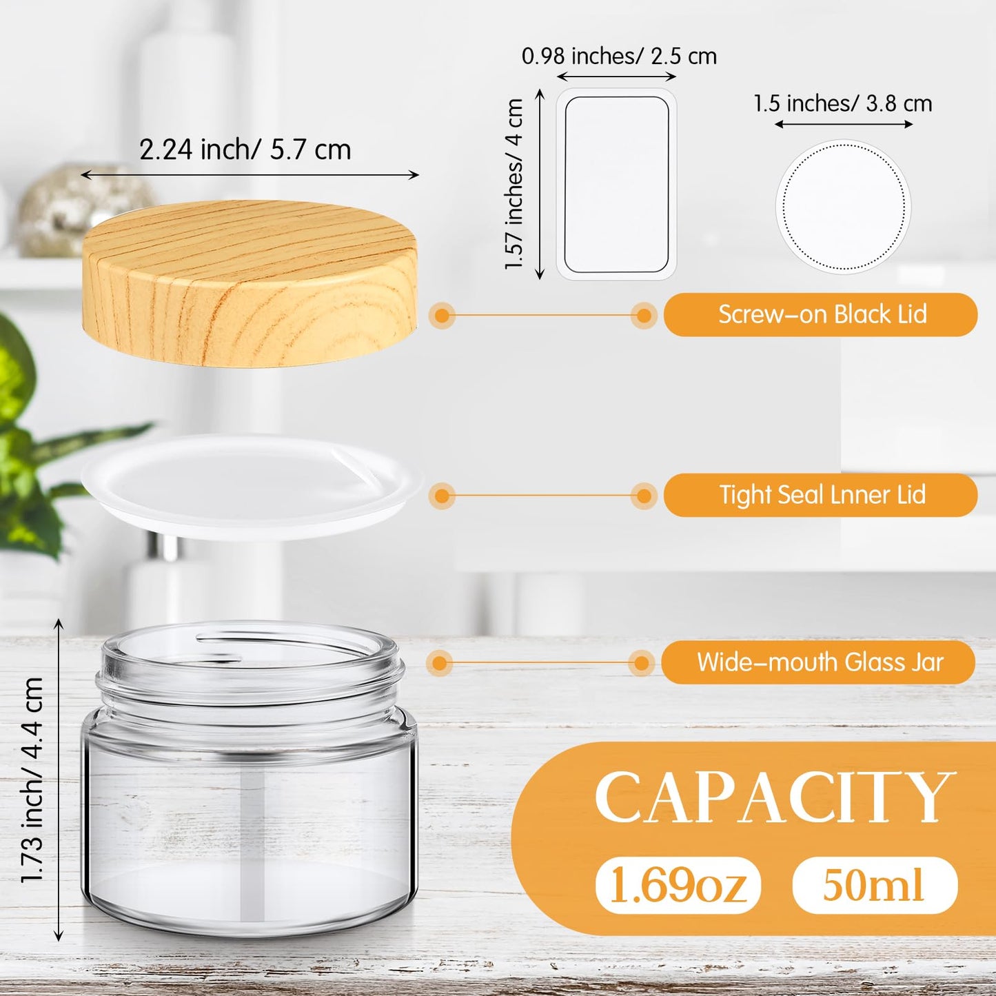 Layhit 24 Pcs 50 ml Cosmetic Glass Jars with Lids 1.69 oz Small Jars with Plastic Woodgrain Lids, White Labels and Inner Liners Empty Round Cosmetic Containers for Creams Lotions Powder