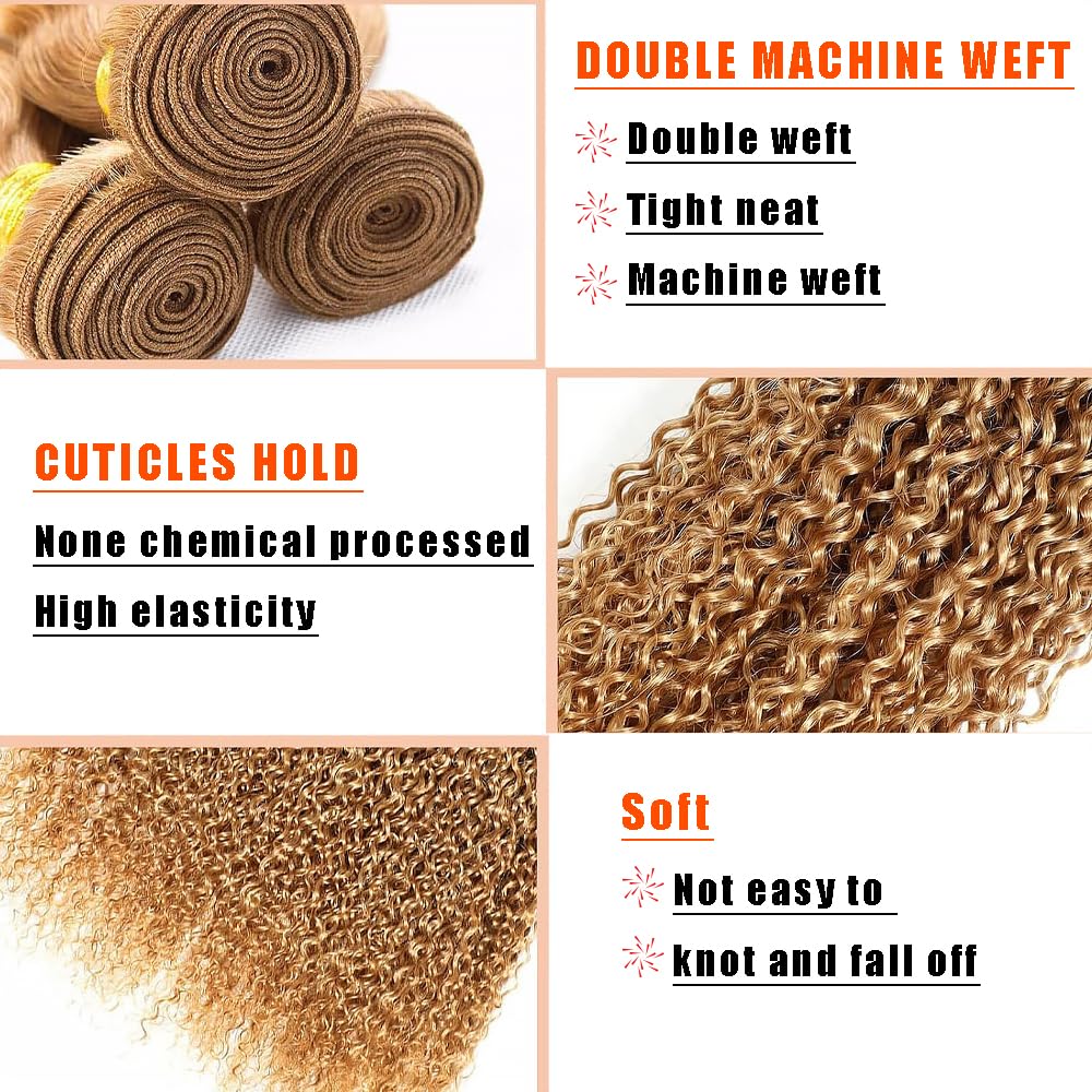 Curly Human Hair Bundles Blonde 26 Inch Kinky Curly #27 Honey Blonde Single Bundle Human Hair Unprocessed Native Virgin Hair 100g Total Double Weft Crochet Human Hair Extensions for Women