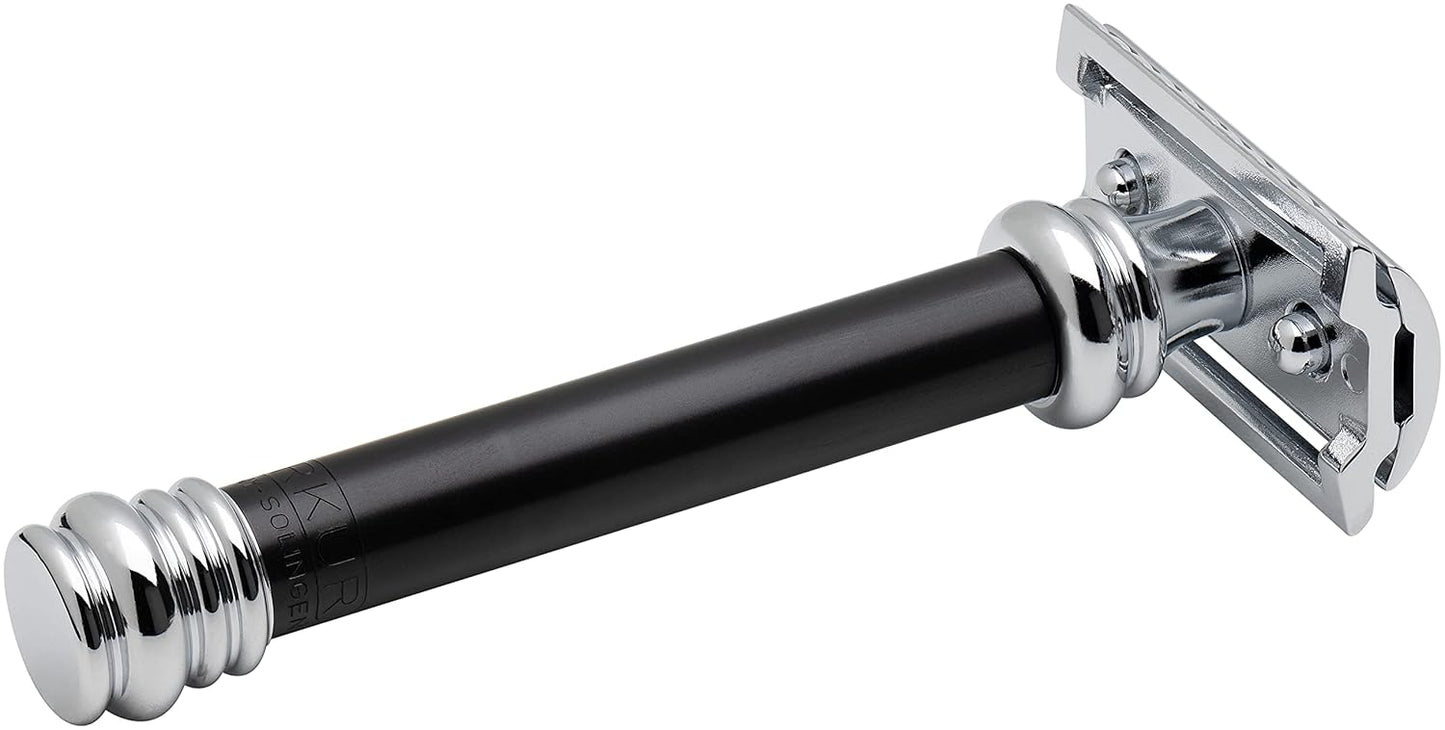 Merkur 38B Double Edge Safety Razor - Black Handle | Extra Large Brass Grip | Plastic-Free, Two-Piece Design