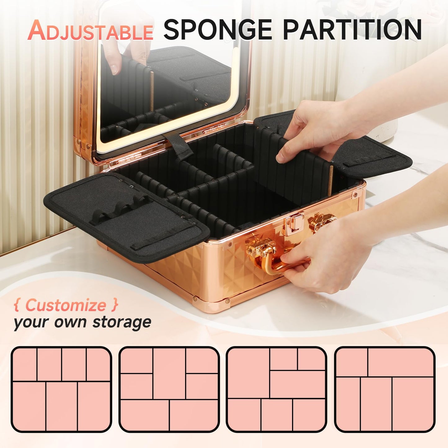 Leeora&Leekoo Makeup Box with Lighted Mirror,Portable Makeup Train Case Organizer (Rose Gold)
