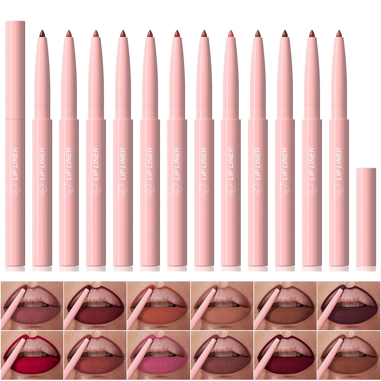 KIMIEYE 12 Colors Retractable Lip Liner Kit for Define & Sculpting Lips Shades, Long Lasting Waterproof High Pigment Matte Finish Creamy Texture Lip Liner Pencil Set for Women