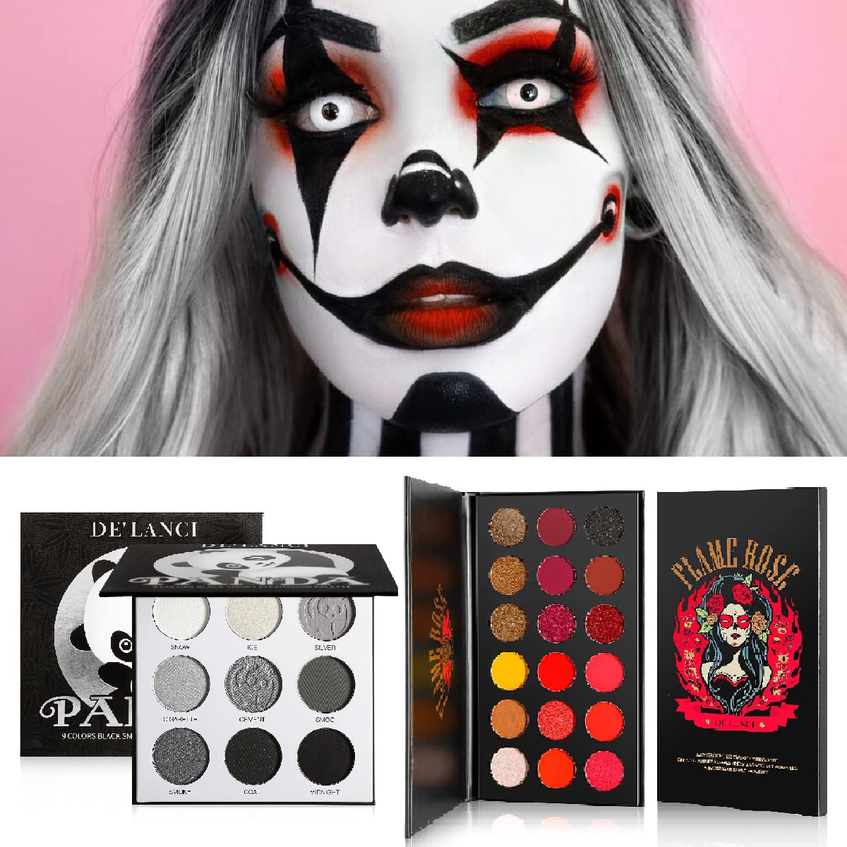 Afflano Black Red Eyeshadow Palette Smokey Eyes Makeup, Highly Pigmented True Red Eye Shadow + Blendable Dark Grey Silver Makeup Palette 2 Pcs., for Halloween SFX Vampire Special Effects Clown Makeup