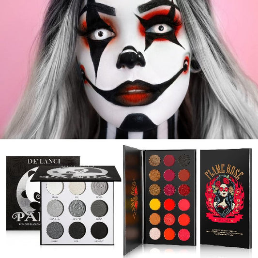 Afflano Black Red Eyeshadow Palette Smokey Eyes Makeup, Highly Pigmented True Red Eye Shadow + Blendable Dark Grey Silver Makeup Palette 2 Pcs., for Halloween SFX Vampire Special Effects Clown Makeup