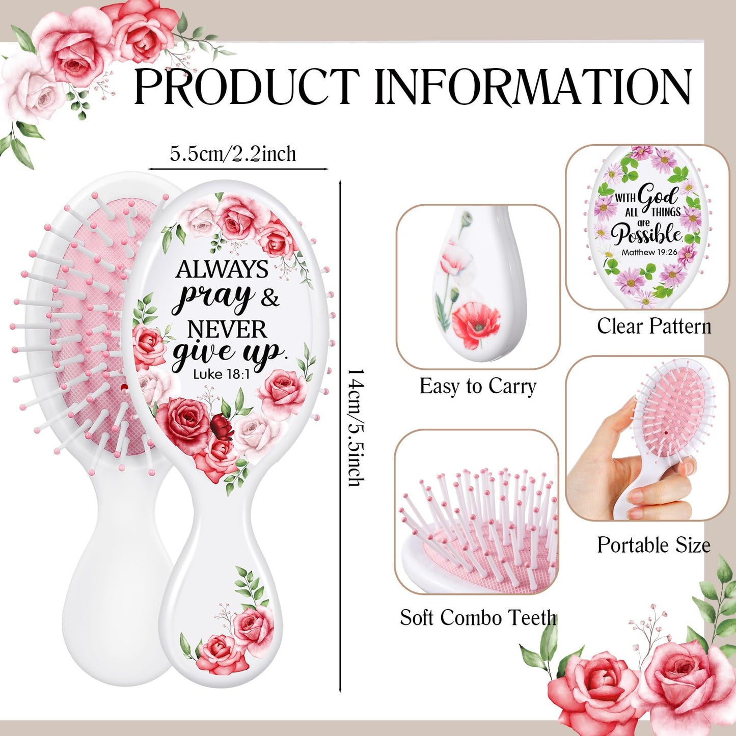 Meanplan 20 Pcs Bible Verse Mini Hair Brush for Women Inspirational Mini Hair Brush Bulk for Christmas Gifts with Ease Knots Without Tears or Breakage