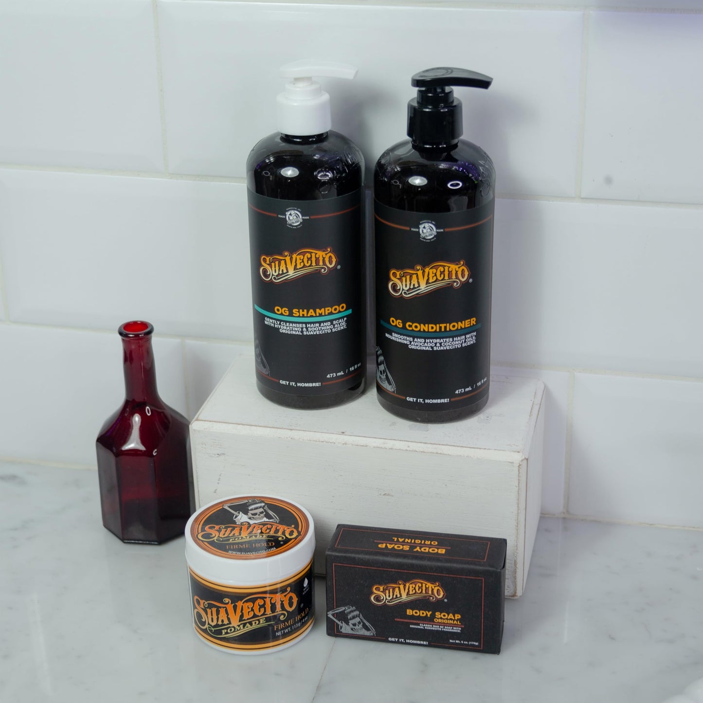 Suavecito Hair & Body Essentials Bundle: Firme (Strong) Hold Hair Styling Pomade, Moisturizing Body Soap, Hydrating Shampoo & Nourishing Conditioner…