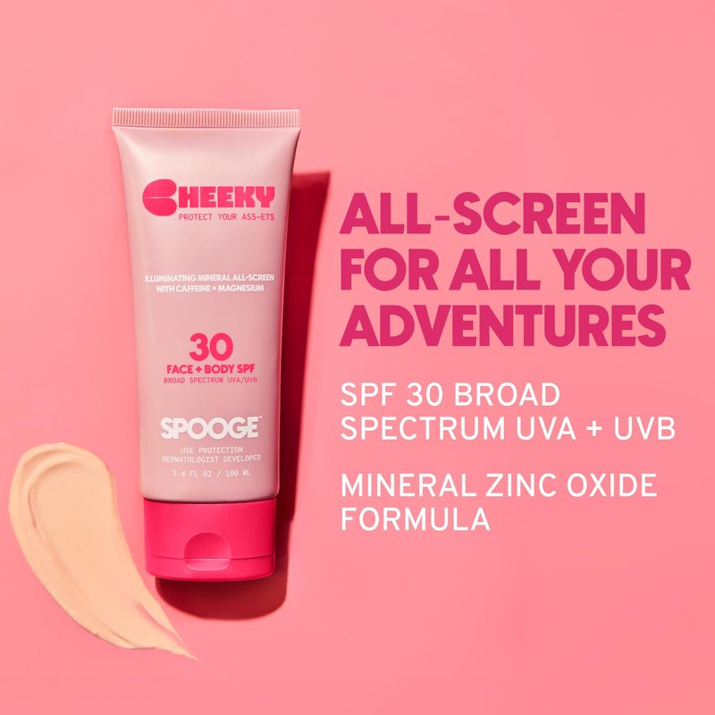 Spooge Cheeky | Shimmer Mineral Sunscreen SPF 30 | Zinc Oxide Sunblock | Glitter Sunscreen For Face & Body | Caffeine Infused Formula | Dermatologist Developed | Reef Safe Sunblock | 3.4oz