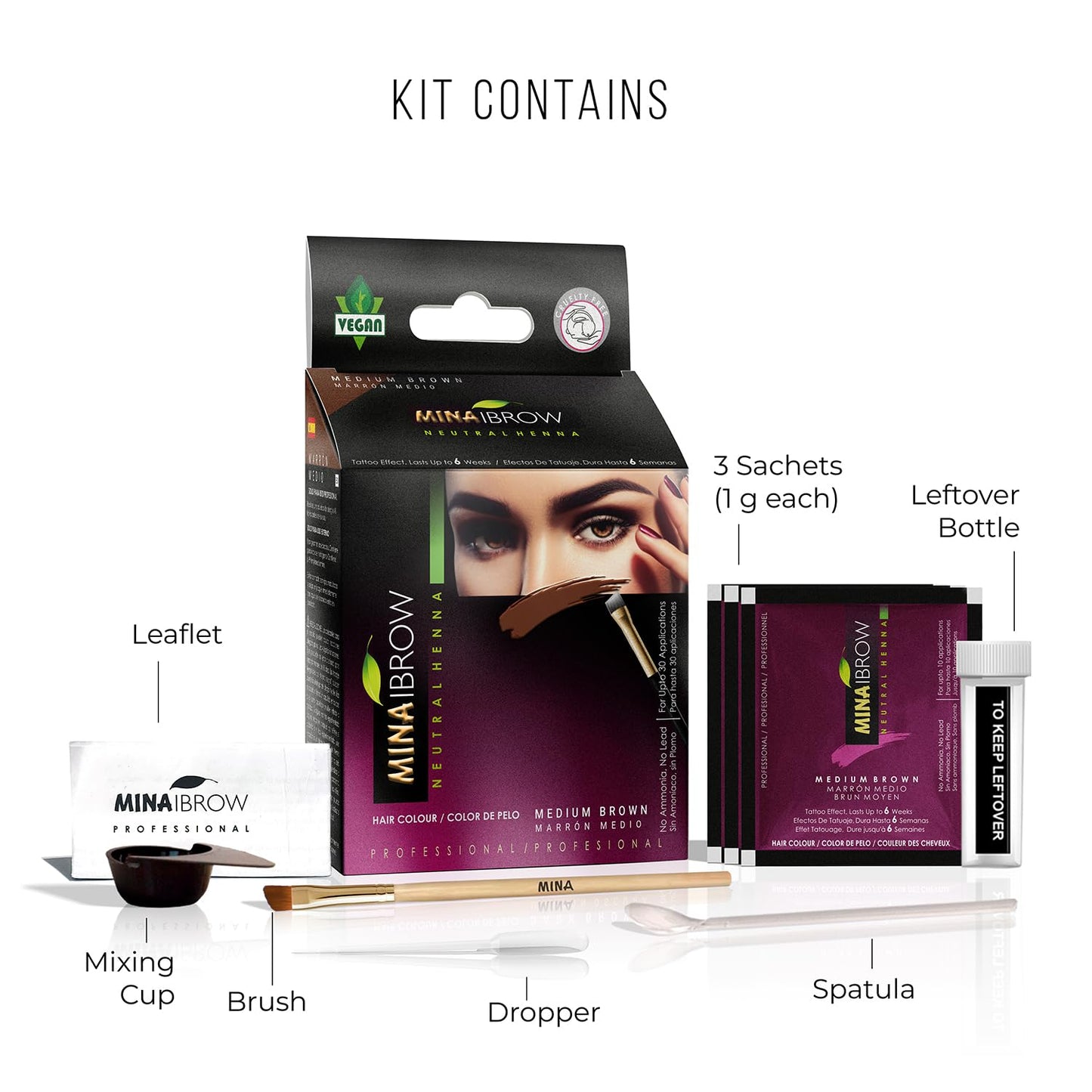 MinaiBrow Instant Hair Dye Kit Medium Brown | Natural Spot Coloring Tinting Powder with Brush, Water & Smudge Proof | 100% Grey Coverage Upto 30 Applications