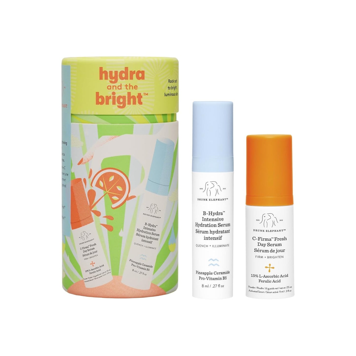 Drunk Elephant Hydra and the Bright Skincare Set | C-Firma & B-Hydra Serums, 9ml & 8ml, Clean & Cruelty-Free