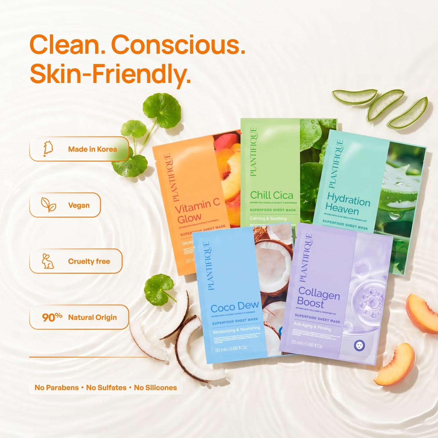 PLANTIFIQUE Korean Sheet Mask, 5 Pack - Glowing & Hydrating Face Masks with Peach Extract, Vitamin C & Hyaluronic Acid - Mascarillas Faciales