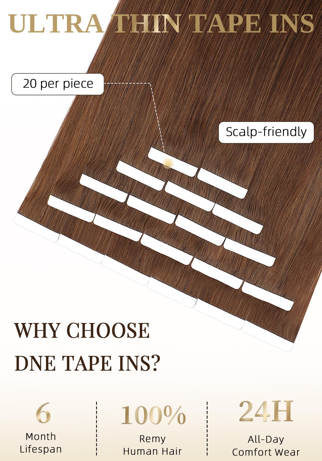 Real Human Hair Tape-In Extensions - 14 Inch, 20 Pcs, Seamless, #4 Medium Brown | Invisible & Straight