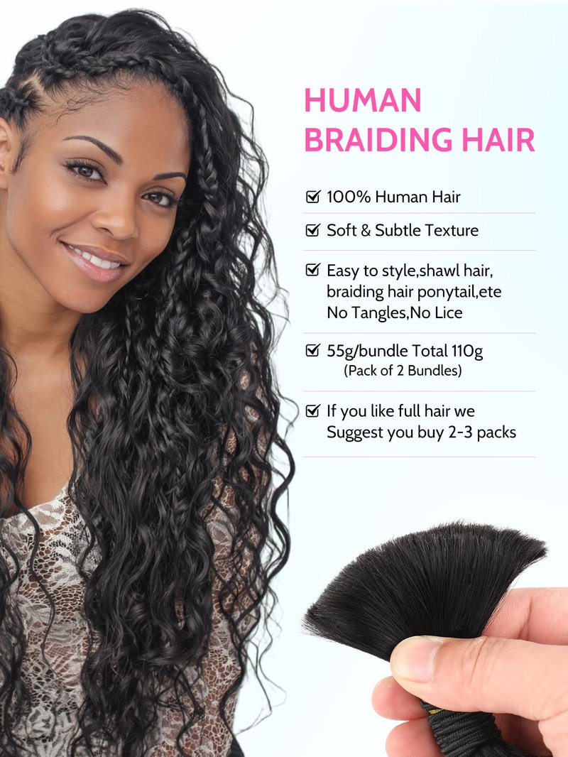 QUINARVVNA Human Braiding Hair for Boho Braids 110g Deep Wave Curly Bulk Human Hair 2 Bundles 12A Wet and Wavy Extensions for Knotless Bohemian Braids No Weft Natural Black 18 Inch