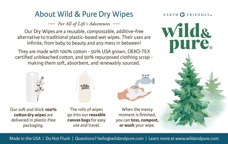 100% Cotton Unbleached Dry Wipes & Refillable Adventure-Ready Dispensing Bag + 4 Refills (5 Rolls total, 30 sheets each) | Soft, Absorbent, Reusable/Disposable Wipes | Wild & Pure