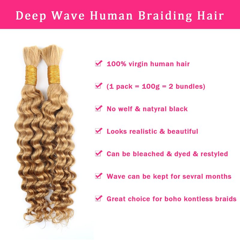 B-Fashion Human Braiding Hair for Boho Braids Deep Wave Bulk Human Hair for Braiding 22 Inch 2 Bundles 100G 100% Brazilian Wet and Wavy Curly Human Hair Braiding Hair Extensions No Weft Bundles