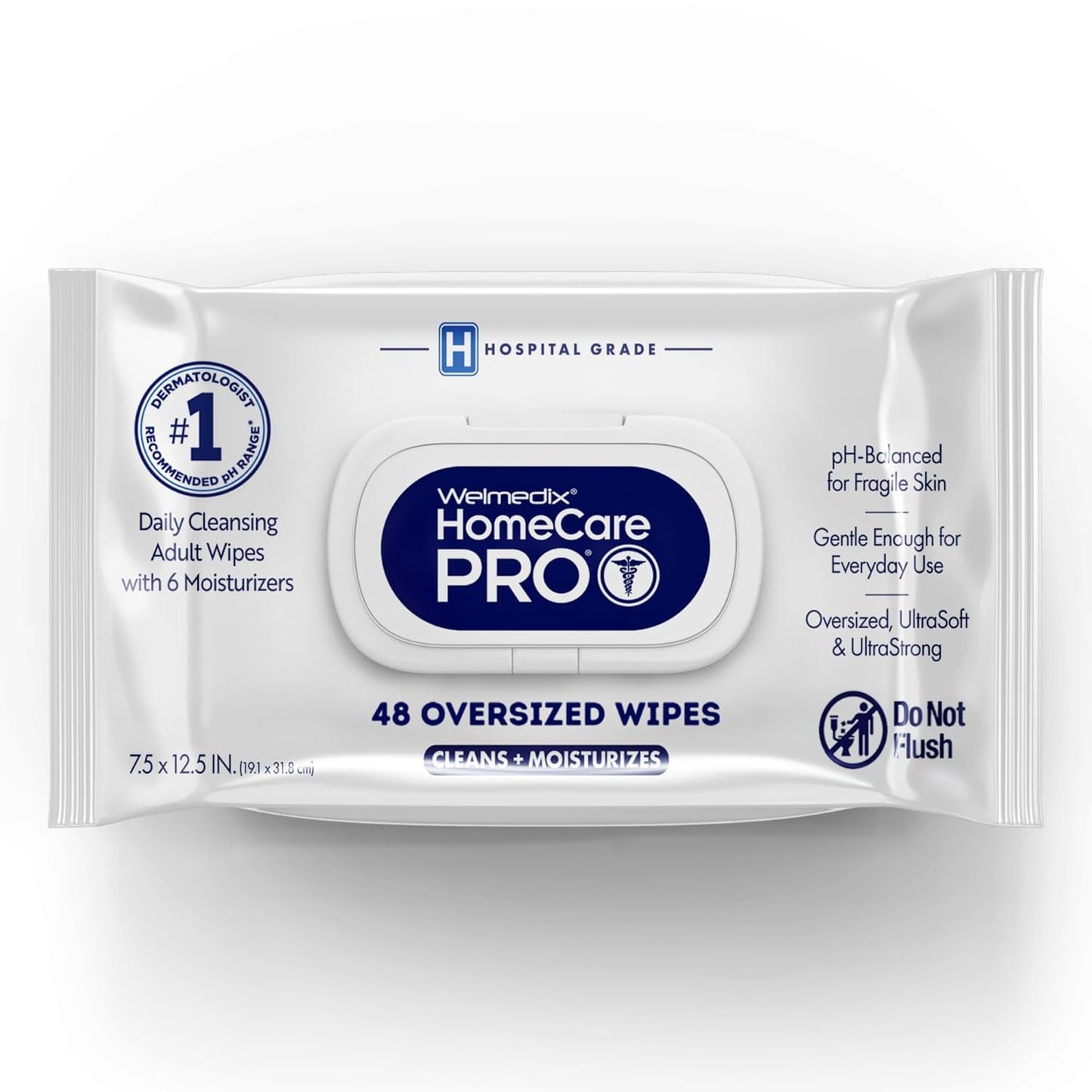 Adult Bathing Wipes - Oversized No Rinse Moisturizing Washcloths for Sensitive Skin | XL 7.5” x 12.5” - 48 Count