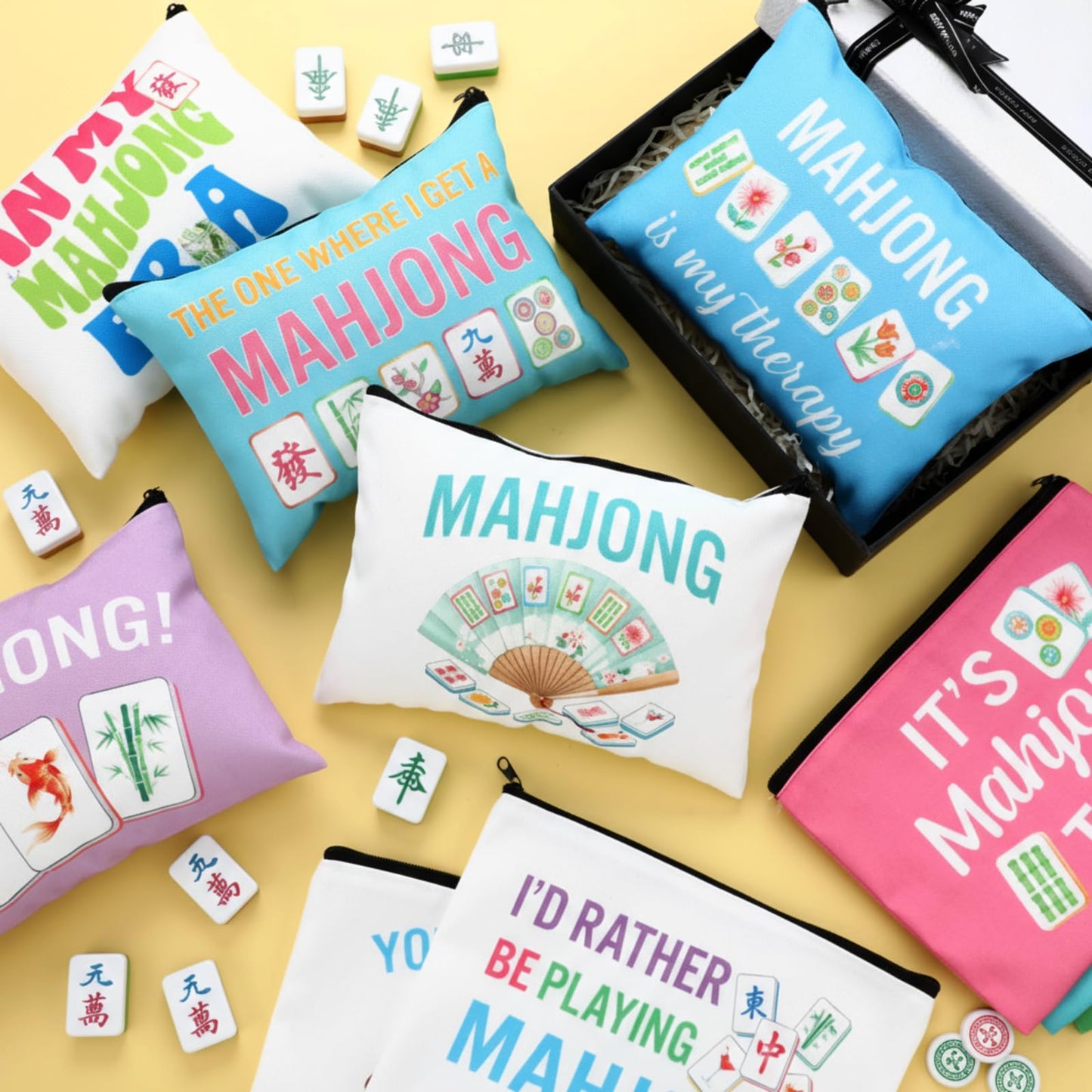 SilTriangle 16 Pcs Mahjong Cosmetic Bag Gifts for Women Mahjong Makeup Bag Mah Jong Zippered Pouch for Lover Player Mothers Birthday Party Lucky Mah Jong Gift Coquette Accessories (Styles 2)