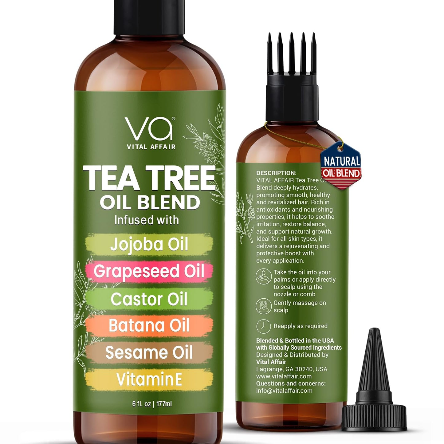 VITAL AFFAIR Tea Tree Oil For Hair With Jojoba, Castor, Batana Oil - Tea Tree Hair And Scalp Treatment - Hair Oil For Dandruff - Helps Strengthen, Volumize & Promotes Hair Growth - 6 Fl Oz