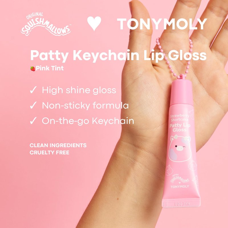 TONYMOLY x Squishmallows Patty Keychain Lip Gloss – Strawberry Shortcake Sheer Pink Gloss, Hydrating, Non-Sticky, High Shine, 11ml