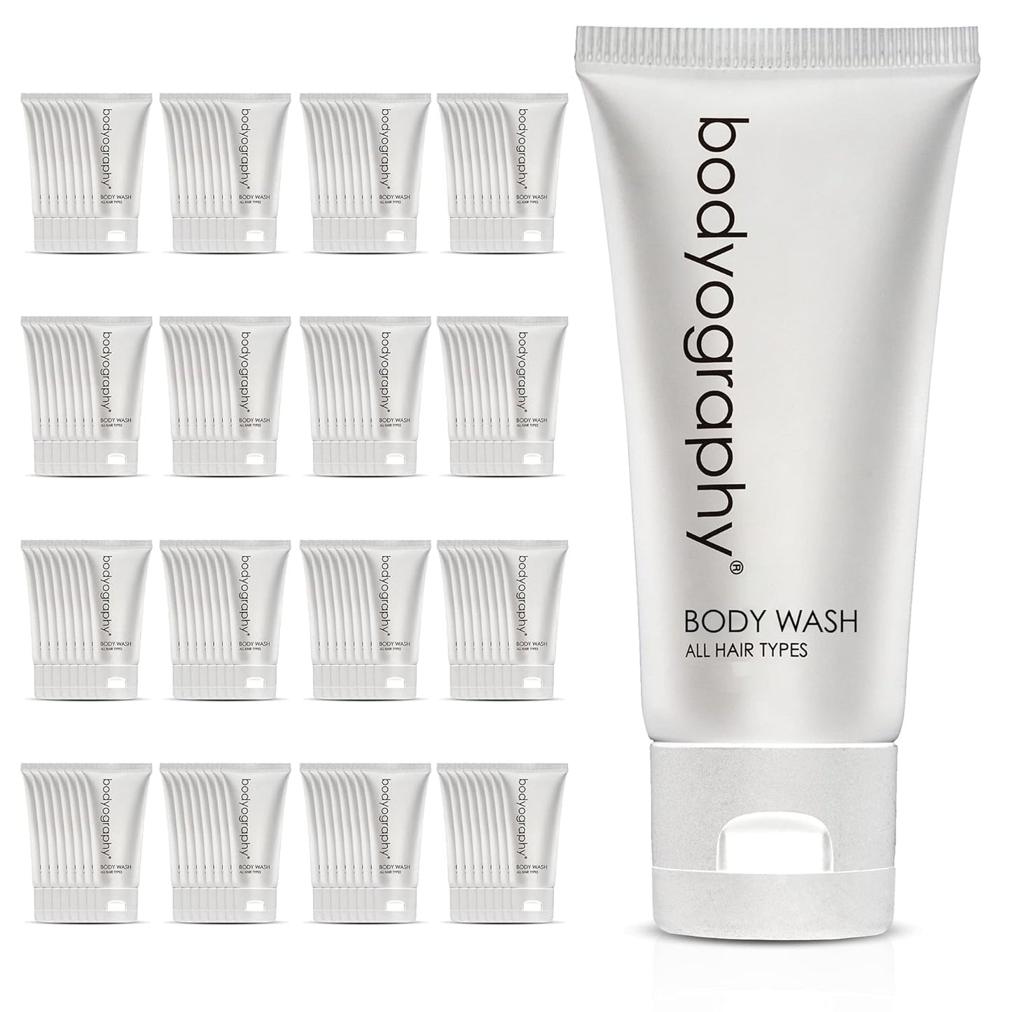 Bodyography Bulk Body Wash - Vanilla White Tea | 50 Count, 1.4oz Mini Travel Size Toiletries - Eco-Friendly Recyclable Tube
