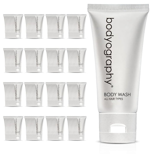 Bodyography Bulk Body Wash - Vanilla White Tea | 50 Count, 1.4oz Mini Travel Size Toiletries - Eco-Friendly Recyclable Tube